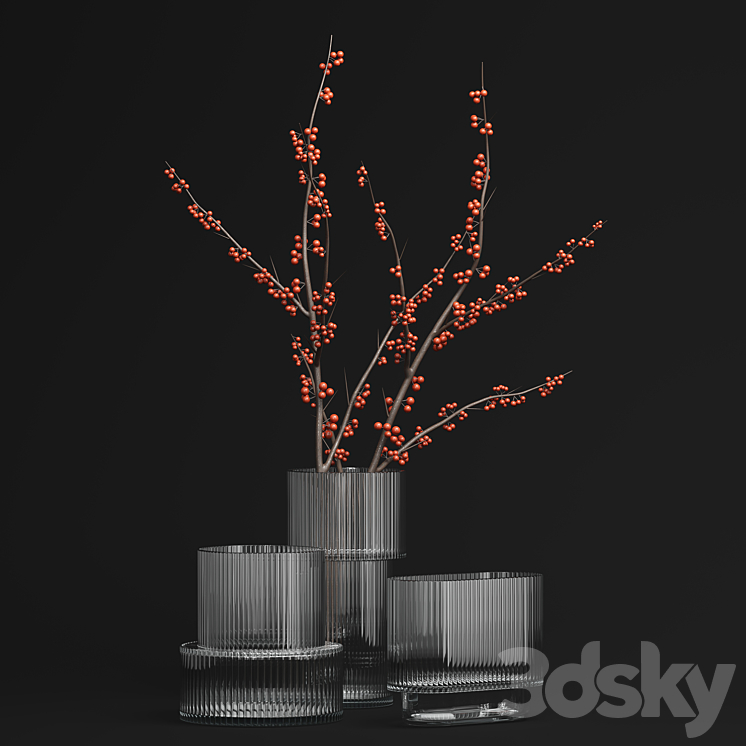 H&M Glass Vases with red berry branch 3DS Max Model - thumbnail 2
