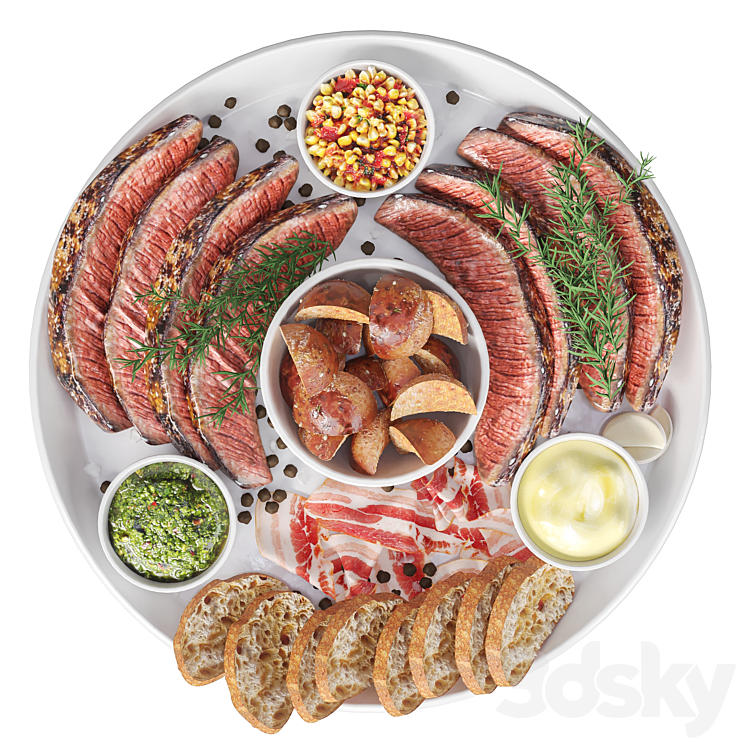 Meat plate with steak and spices 3D Model