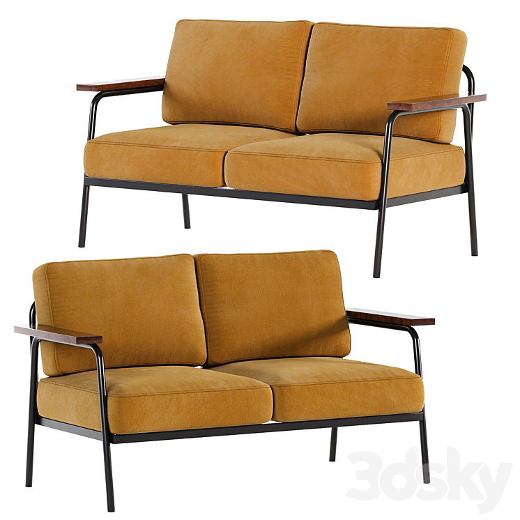 Mid Century Modern Loveseat with 2 Pillows Back and Square Arms 3D Model