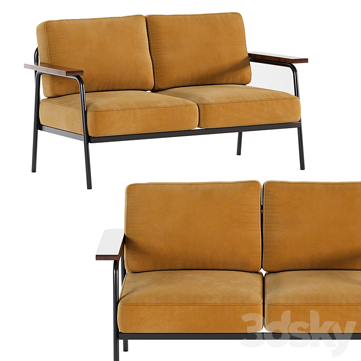 Mid Century Modern Loveseat with 2 Pillows Back and Square Arms 3DS Max Model - thumbnail 2