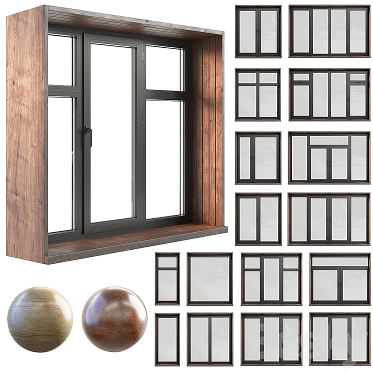 A set of plastic windows with wooden trim. 3D Model