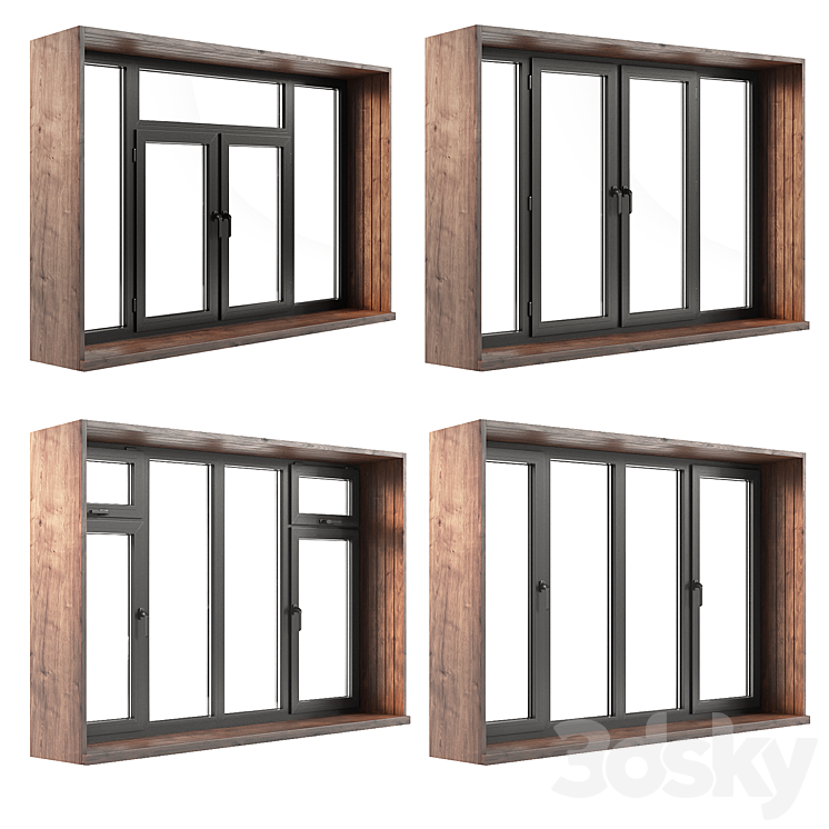 A set of plastic windows with wooden trim. 3DS Max