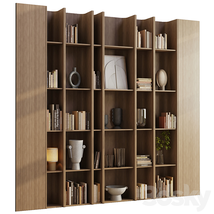 wooden Shelves Decorative With Plants and Book – Wooden Rack 08 3DS Max Model - thumbnail 1