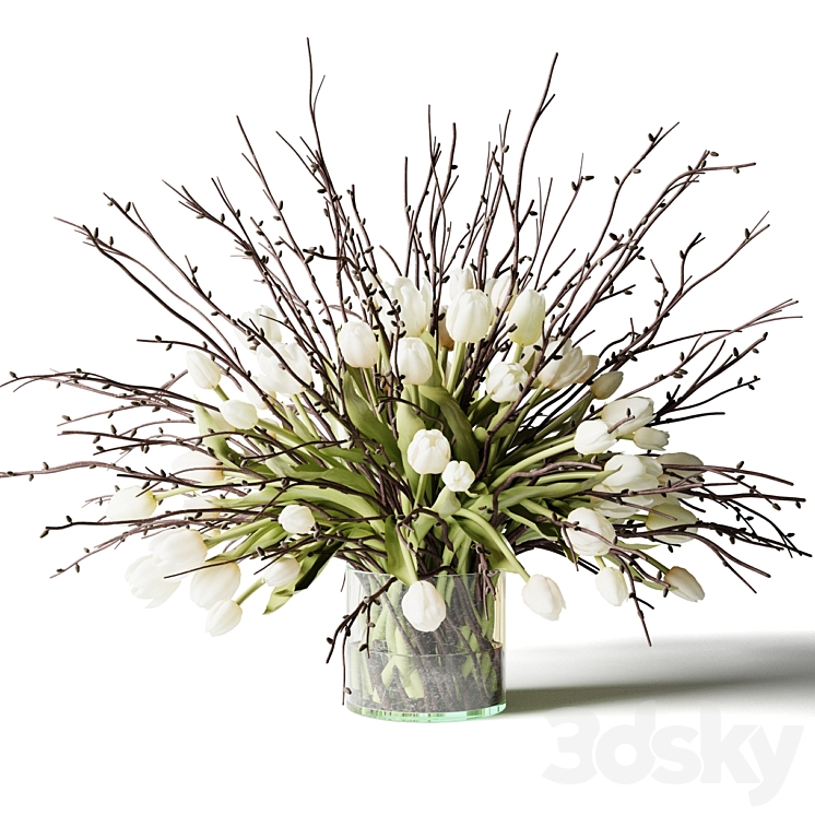 Bouquet of white tulips and branches in a glass vase 3D Model