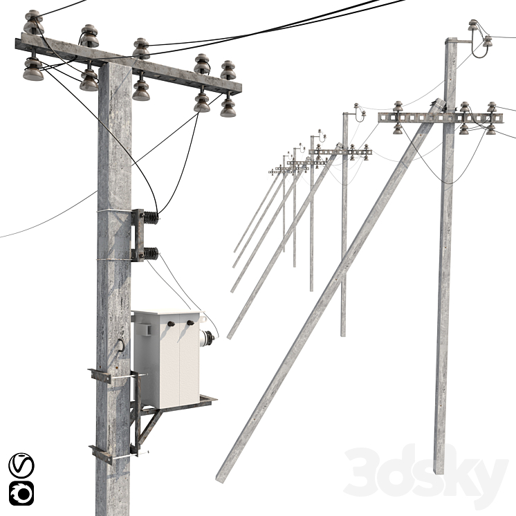 Concrete electricity transmission poles with wires 3D Model