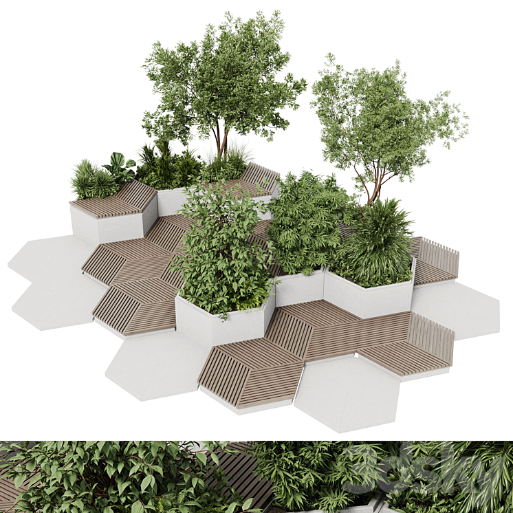Urban Environment – Urban Furniture – Green Benches With tree 42 3D Model