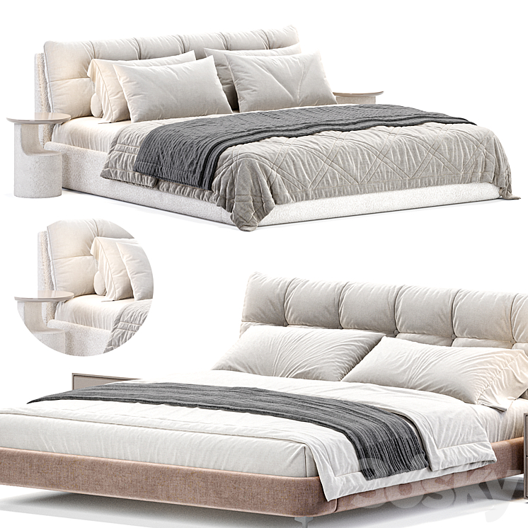 Beige Upholstered Panel Modern Bed 3DS Max Model - thumbnail 1