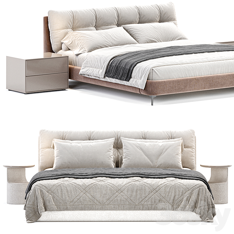 Beige Upholstered Panel Modern Bed 3DS Max Model - thumbnail 2