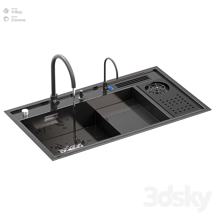 Kitchen Sink With High Pressure Cup Steel Black 3DS Max Model - thumbnail 1