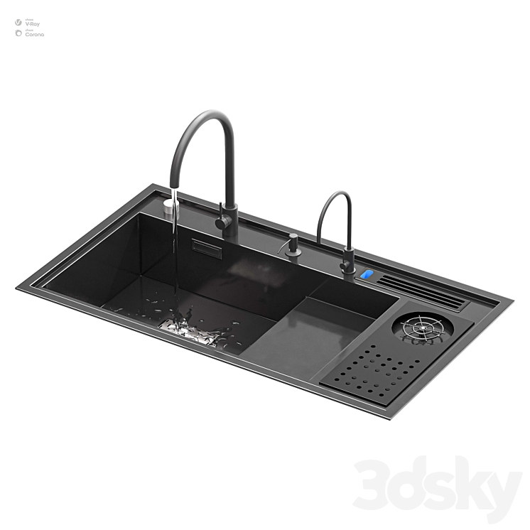 Kitchen Sink With High Pressure Cup Steel Black 3DS Max Model - thumbnail 2