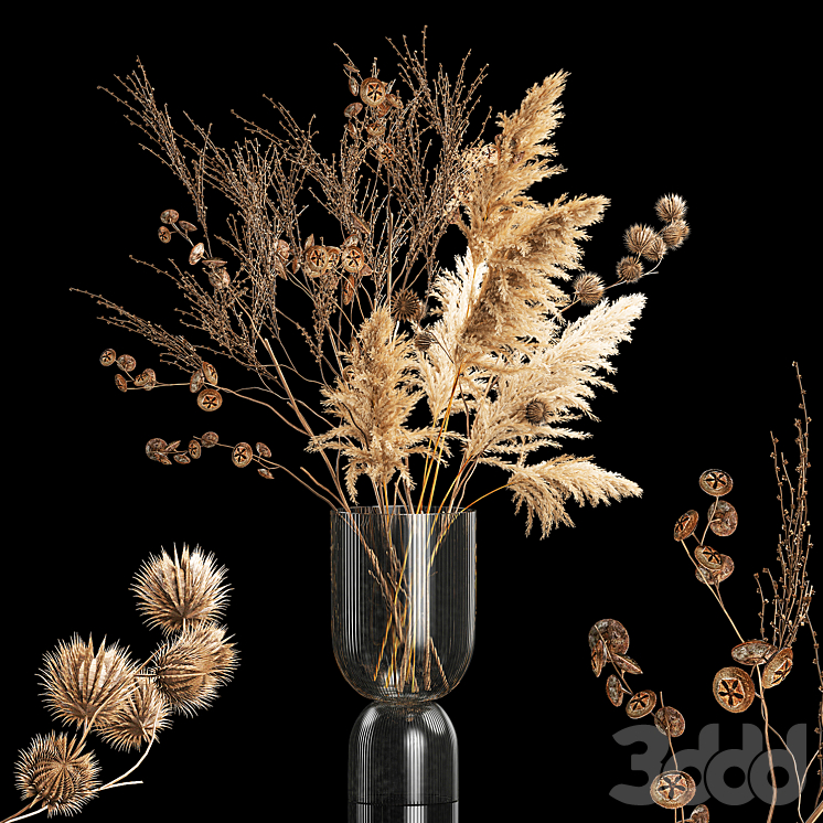 Красивый букет сухоцветов в вазе из веток с колючками, вейник, пампаснаятрава, Эвкалипт, Кортадерия. 285 - Букеты - 3D модель