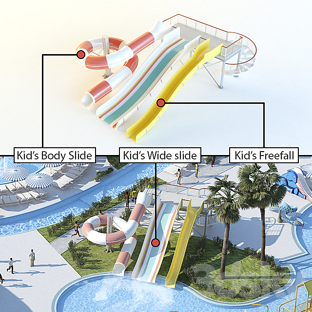 Waterslides: Kid’s Body Slide. Kid’s Wide slide. Kid’s Freefall 3DSMax File - thumbnail 1