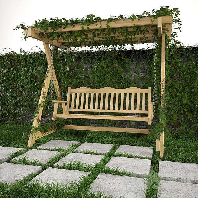 Swing for garden. grass and wall 3d