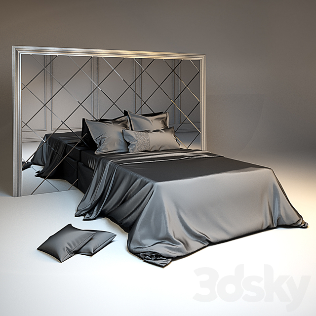 Silk bedding and headboard with mirror tiles in a silver frame 3DSMax File - thumbnail 1