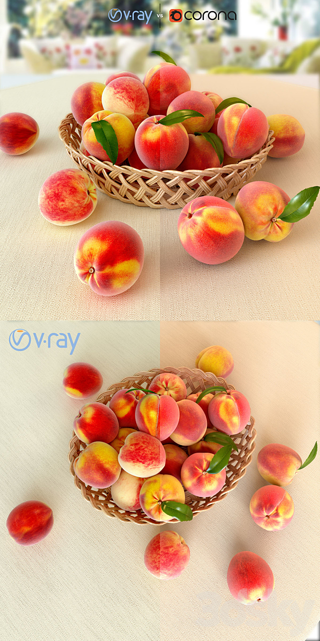 Peaches in a wicker basket 3d