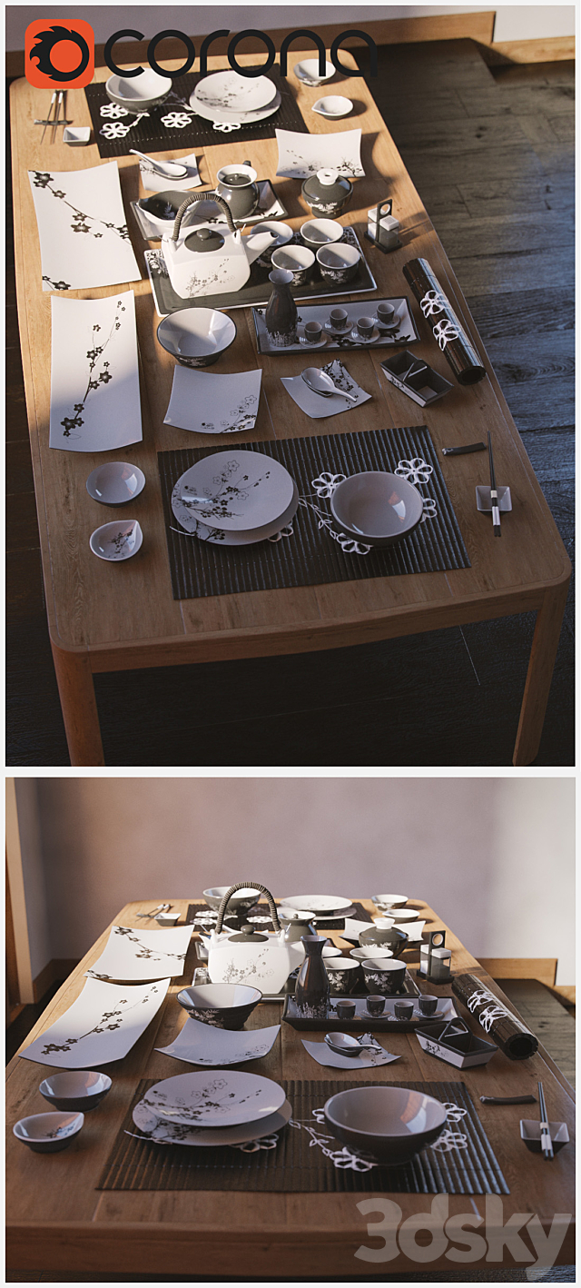 A set of dishes in the Japanese style. _ Japanese-style tableware. 3d