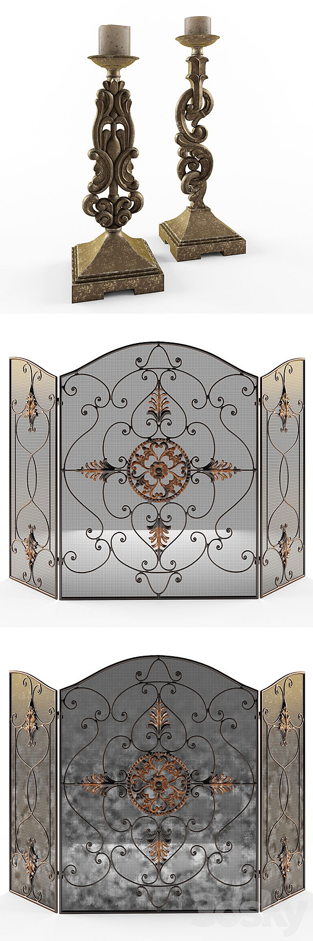 Uttermost _ Egan Fireplace Screen and Gia Candleholders 3d