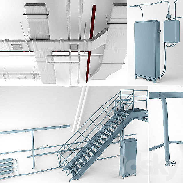 Set for the loft (ventilation. wires. stairs. heating) 3DSMax File - thumbnail 1