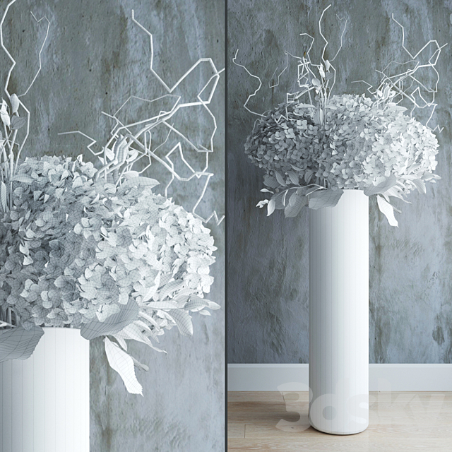 White hydrandeas in tall vase with willow branches 3DSMax File - thumbnail 2