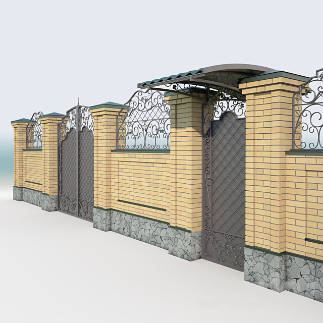 Brick fence_forging gate 3d