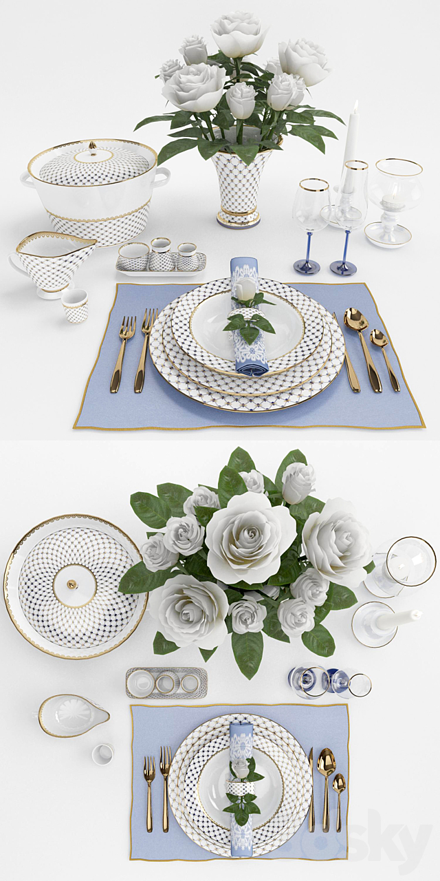 Classic table setting with roses 3d