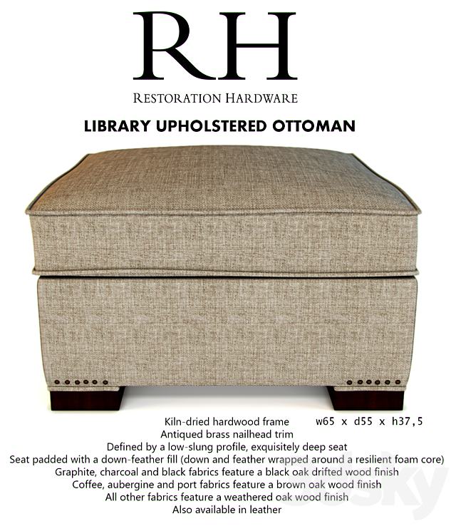 RH LIBRARY UPHOLSTERED OTTOMAN 3d