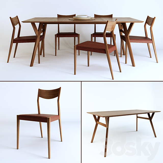 Tate Leather Dining Chair + Mid-century dining table 3DSMax File - thumbnail 1
