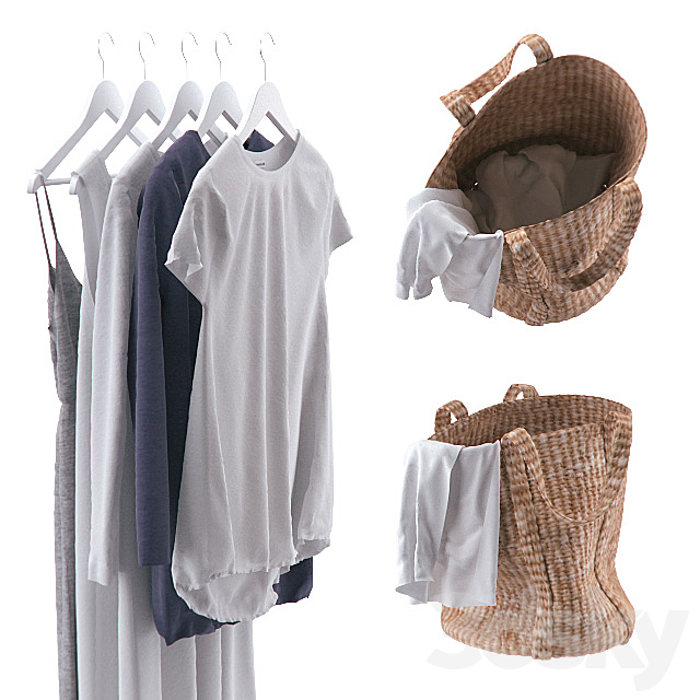 Clothes on hangers and linen basket 3d