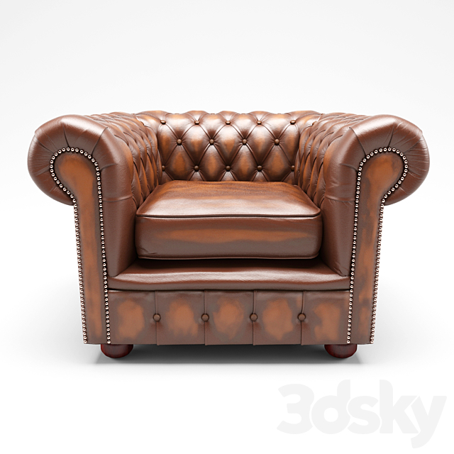 Chesterfield London Low Back Club ArmChair Antique Brown Leather 3DSMax File - thumbnail 1