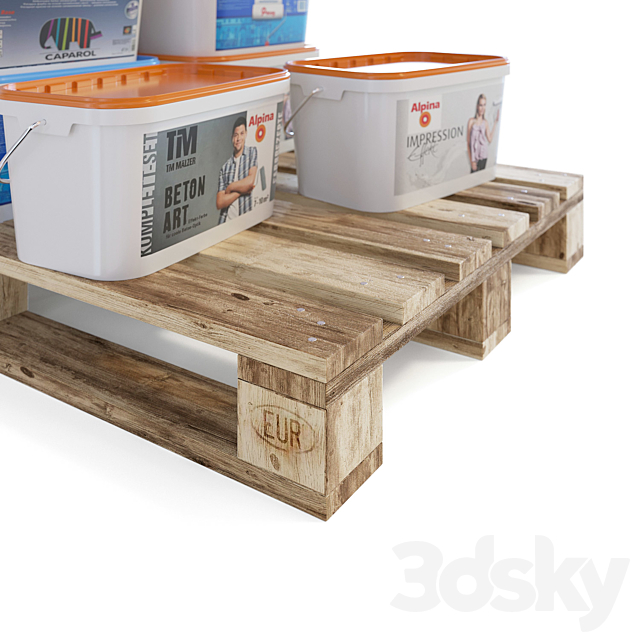 Cans of paint on a pallet 3d