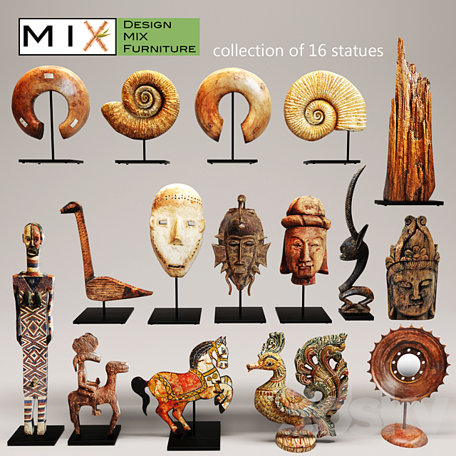 Design Mix Furniture. Collection of 16 pieces. figurine. wooden. eco design. set. collection. decor. mega set. ammonite. shell. fossil. figurine. decor. mask 3DSMax File - thumbnail 1