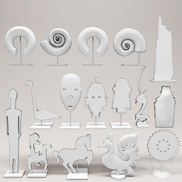 Design Mix Furniture. Collection of 16 pieces. figurine. wooden. eco design. set. collection. decor. mega set. ammonite. shell. fossil. figurine. decor. mask 3DSMax File - thumbnail 3