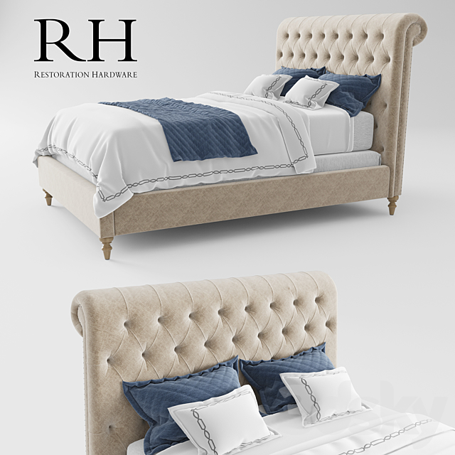 RH Chesterfield Fabric Sleigh Bed 3DSMax File - thumbnail 1