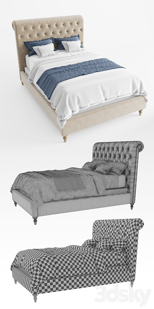 RH Chesterfield Fabric Sleigh Bed 3DSMax File - thumbnail 2