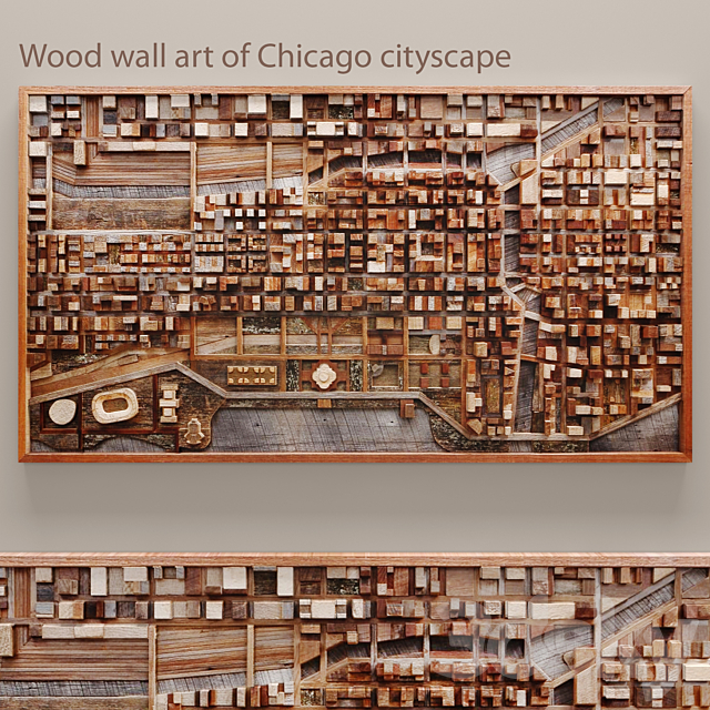 Wood wall art of Chicago cityscape. wall decor. plank panels. wooden decor. boards. wooden wall. panel. slats. city. picture. frame. panel 3DSMax File - thumbnail 1