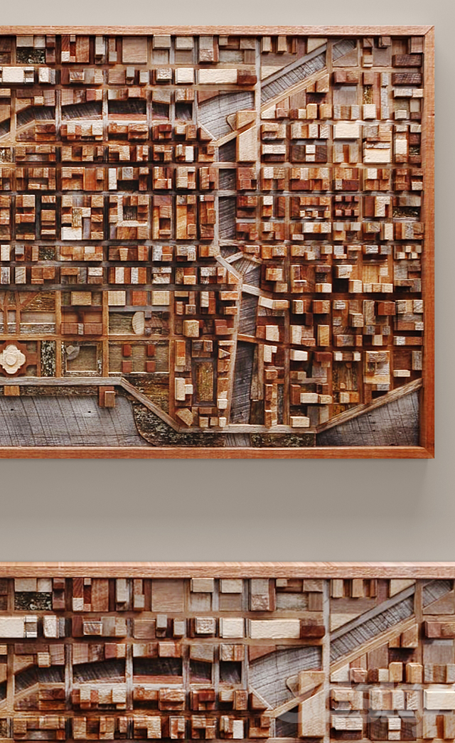 Wood wall art of Chicago cityscape. wall decor. plank panels. wooden decor. boards. wooden wall. panel. slats. city. picture. frame. panel 3DSMax File - thumbnail 3