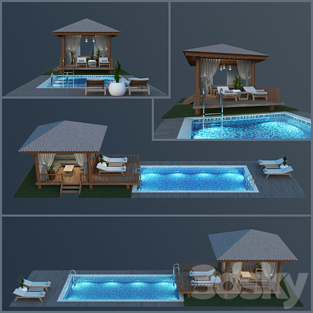 Wooden Gazebo & Swimming Pool 3DSMax File - thumbnail 1