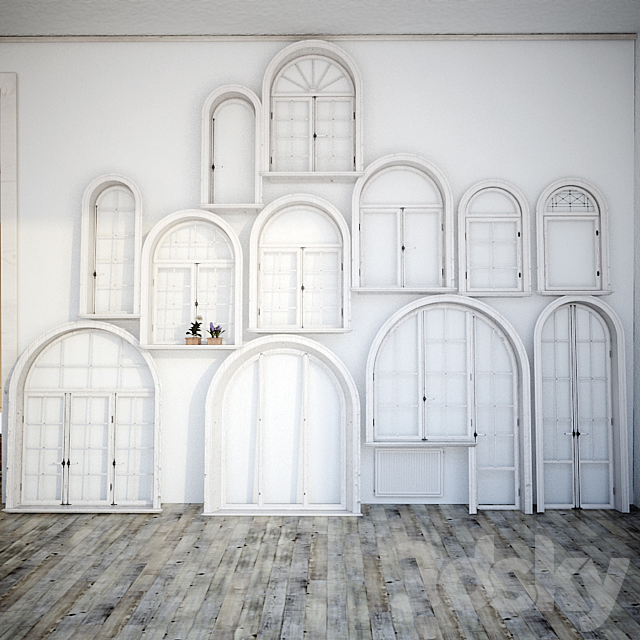 Set classical arched windows with decor 3d