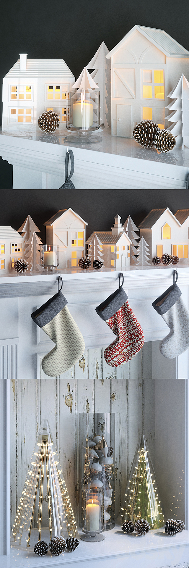 Artificial fireplace with candles and Christmas decoration 2 3d