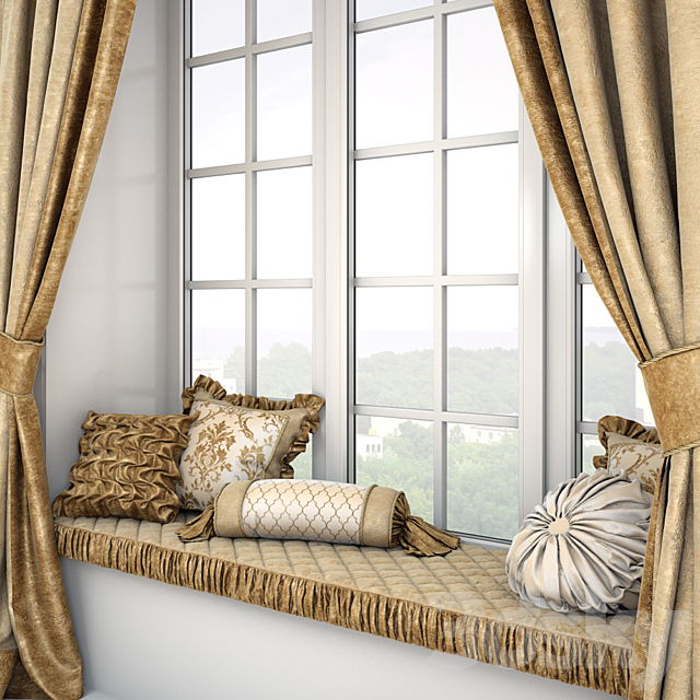 Soft quilted sill with cushions and curtains 3d