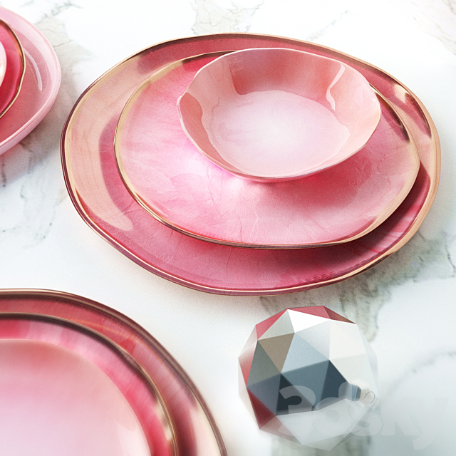 Set of plates in a pink glaze irregular shape 3d