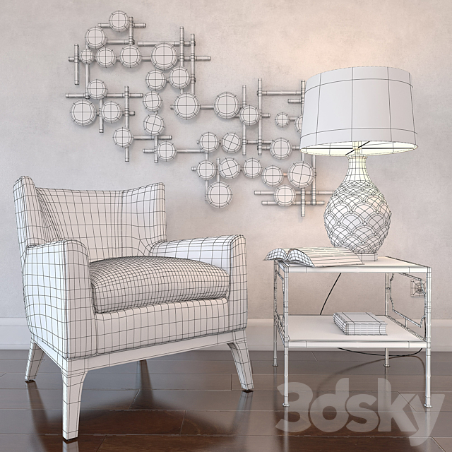 Uttermost_Arzo Armchair. Genell Cube Table. Camellia Table Lamp. Britton Mirror 3d