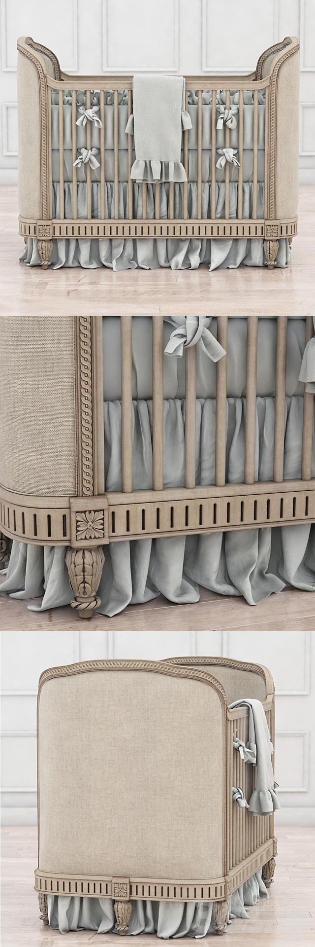 RH Belle Upholstered Crib (distressed linen) 3d