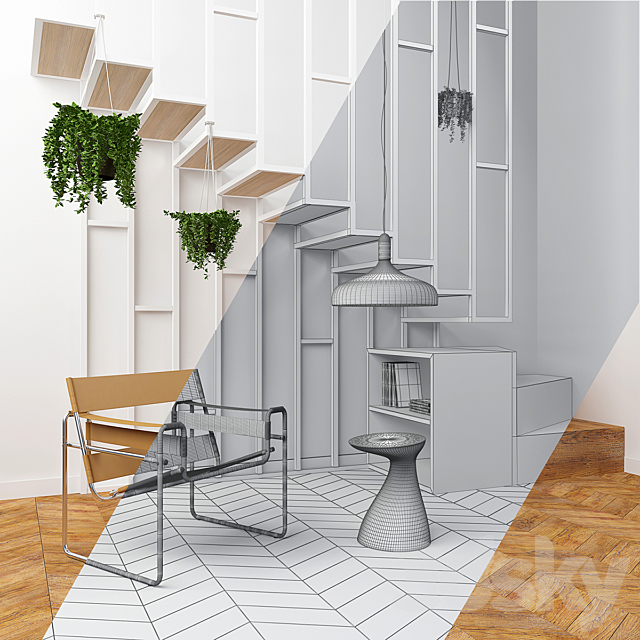 Interior set with stairs and armchair Wassily 3d