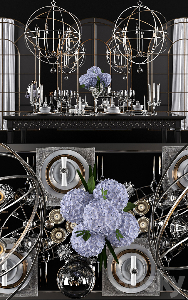 Sophie Mirrored Dining Table_set 3d