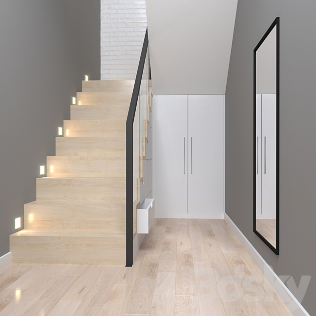Staircase with storage and mirror system 3d