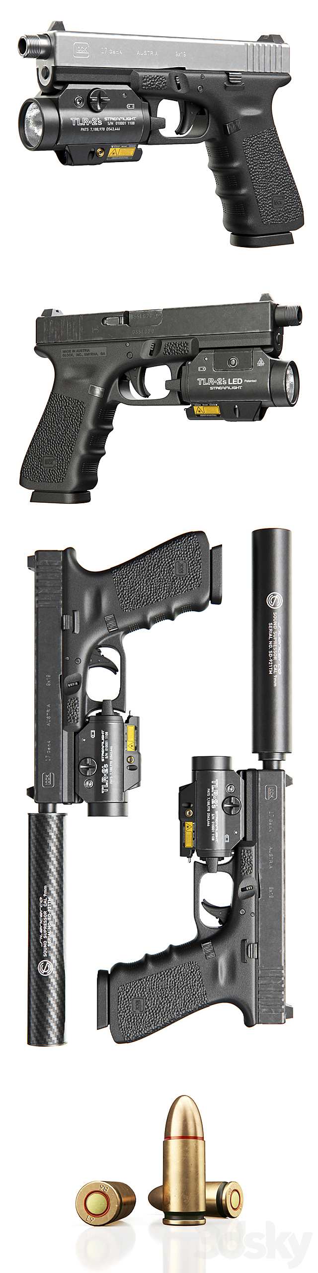 Pistol Glock 17 Gen4 + Flashlight with laser pointer 3d