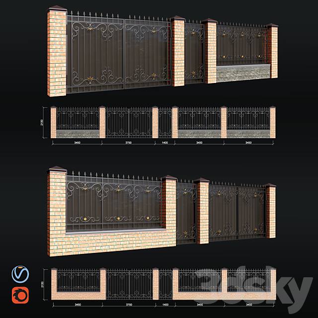 Fence with gates and wicket 3d