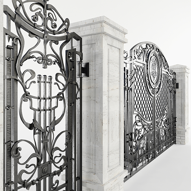 Forged gate with a gate and pillars 3d