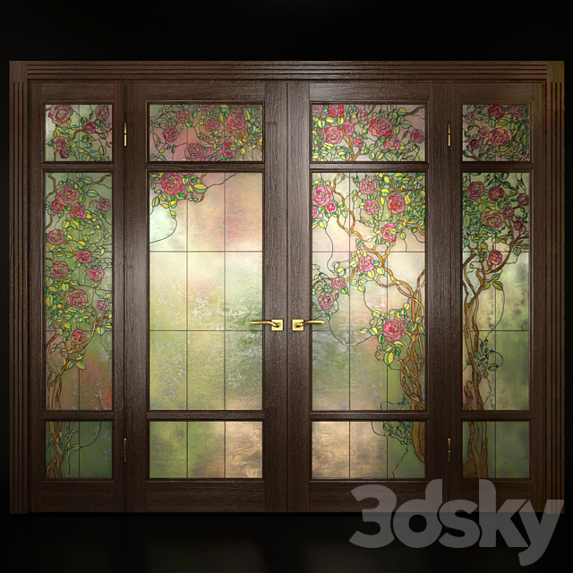 A set of two double doors with stained glass 3d
